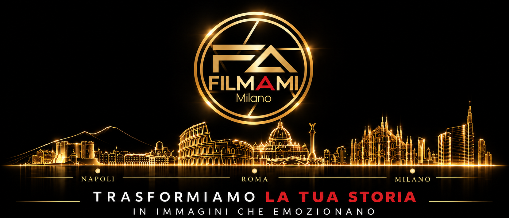 FILMAMI Milano, skyline dorato Napoli Roma Milano. Trasformiamo la tua storia in immagini che emozionano