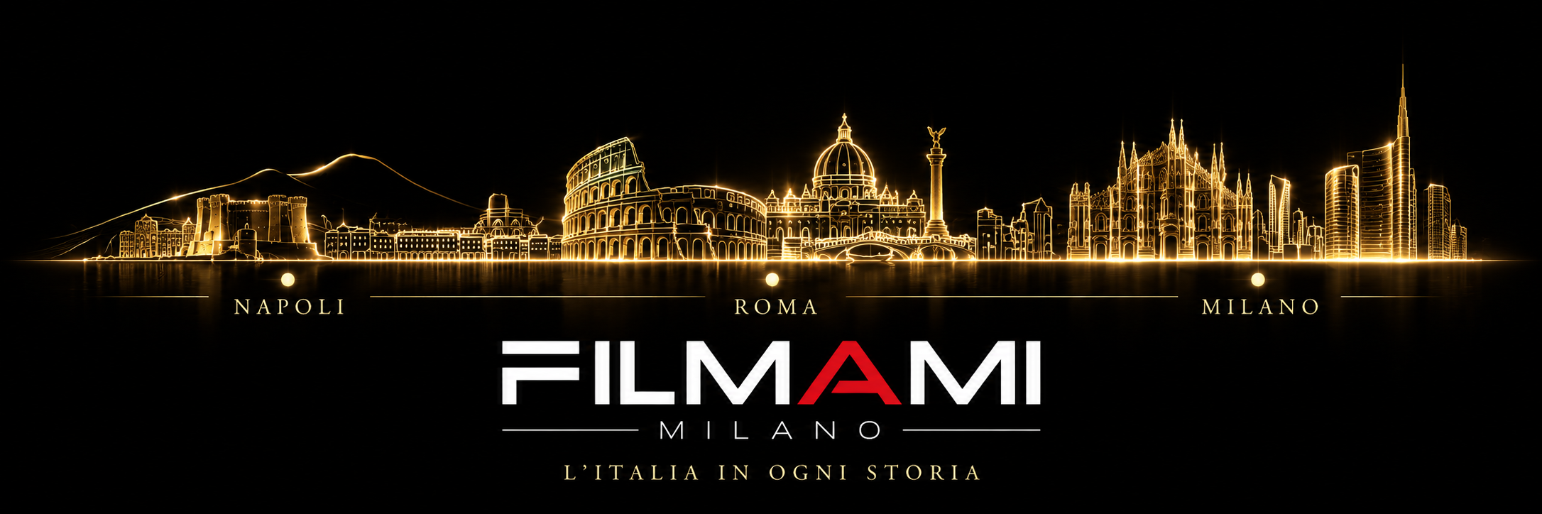 Skyline dorato Napoli, Roma e Milano, con logo FILMAMI MILANO — grafica della versione V3